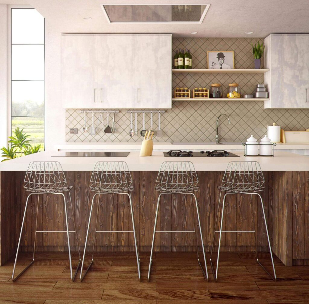 A sleek, modern kitchen with a kitchen island, stylish stools, and clean, organized shelves.