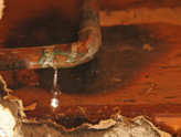 A leaking pipe in a basement ceiling has caused water damage to its surroundings.