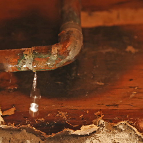 A leaking pipe in a basement ceiling has caused water damage to its surroundings.